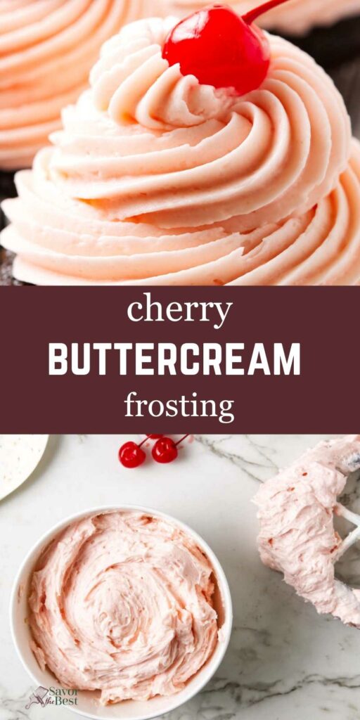 A swirl of cherry buttercream and a bowl with more frosting.