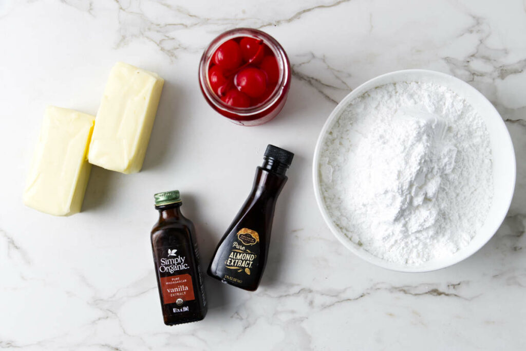 Ingredients used to make maraschino cherry buttercream.