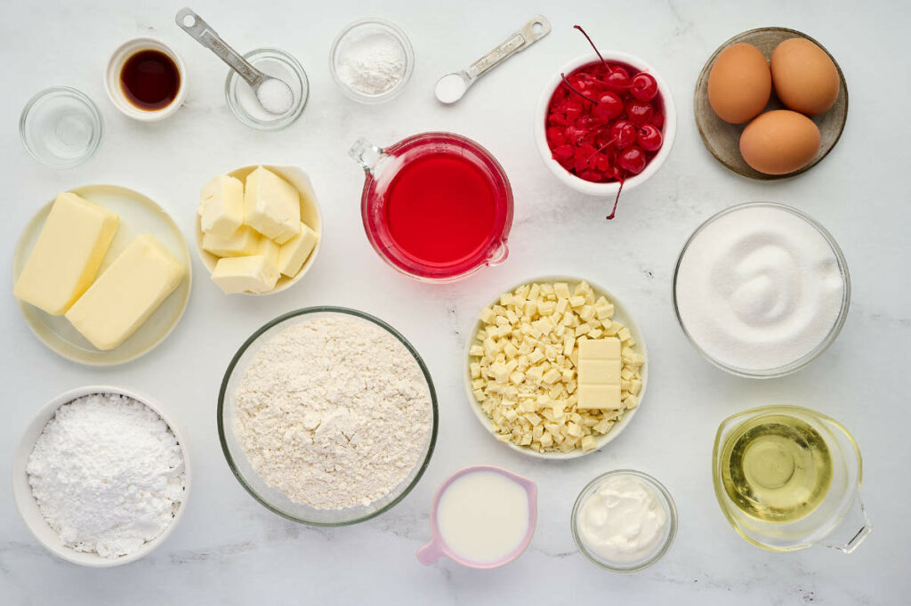 Ingredients used to make maraschino cherry chip cake.