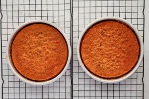 Freshly baked cherry cakes in round cake pans.