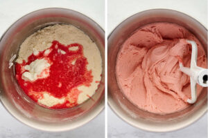 Adding the liquid ingredients to cake batter and beating it with a mixer.