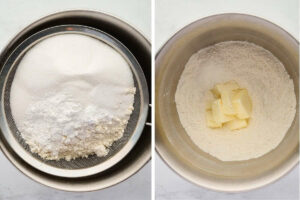 Sifting flour in a bowl then adding the butter.