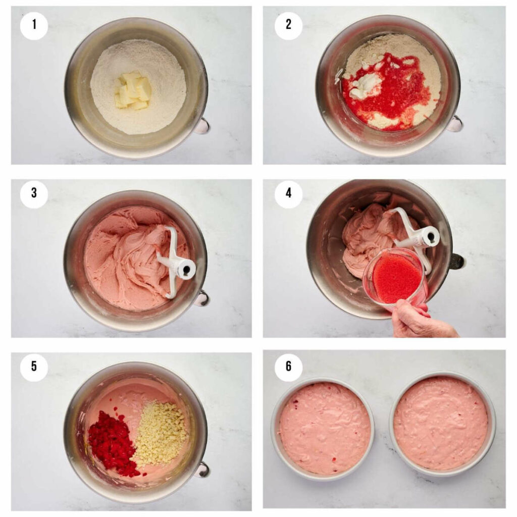 Six photos showing how to make a cherry chip cake with maraschino cherries.