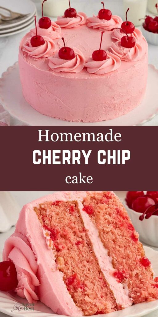 Pink frosted cherry chip cake and slice on white platter, text: Homemade Cherry Chip Cake.