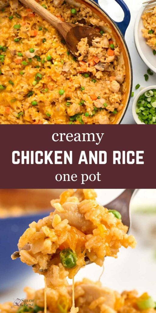 A spoon scooping chicken and rice from a skillet.