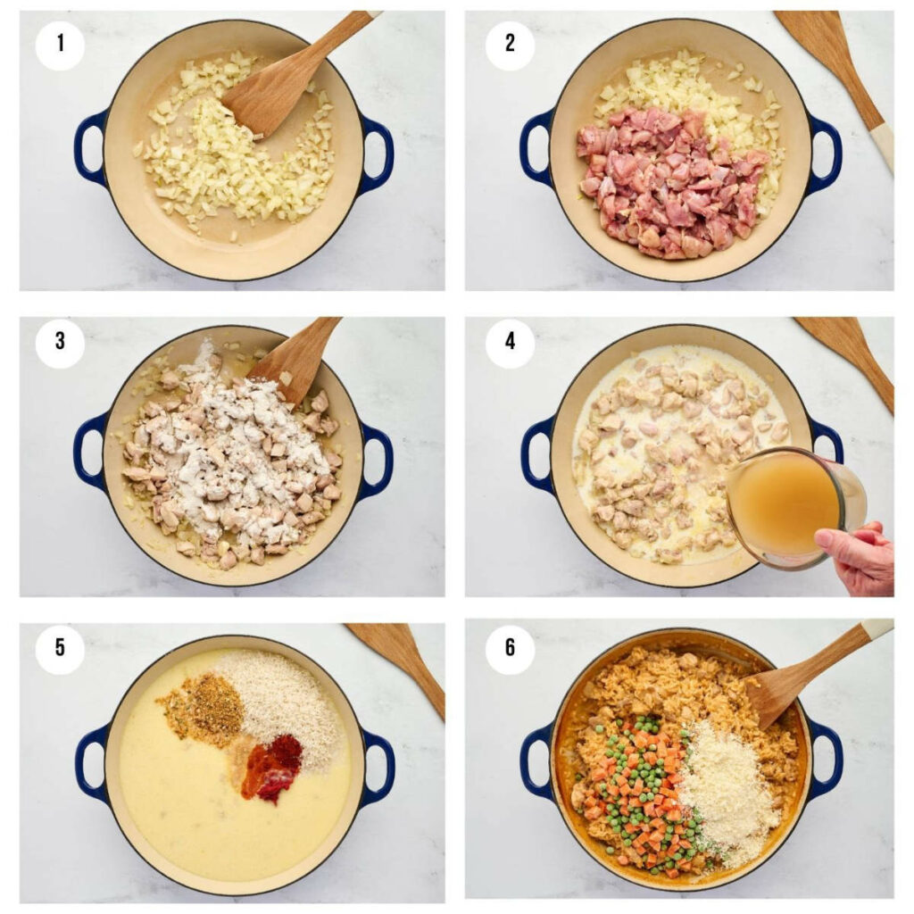 Six photos showing how to make creamy chicken and rice.