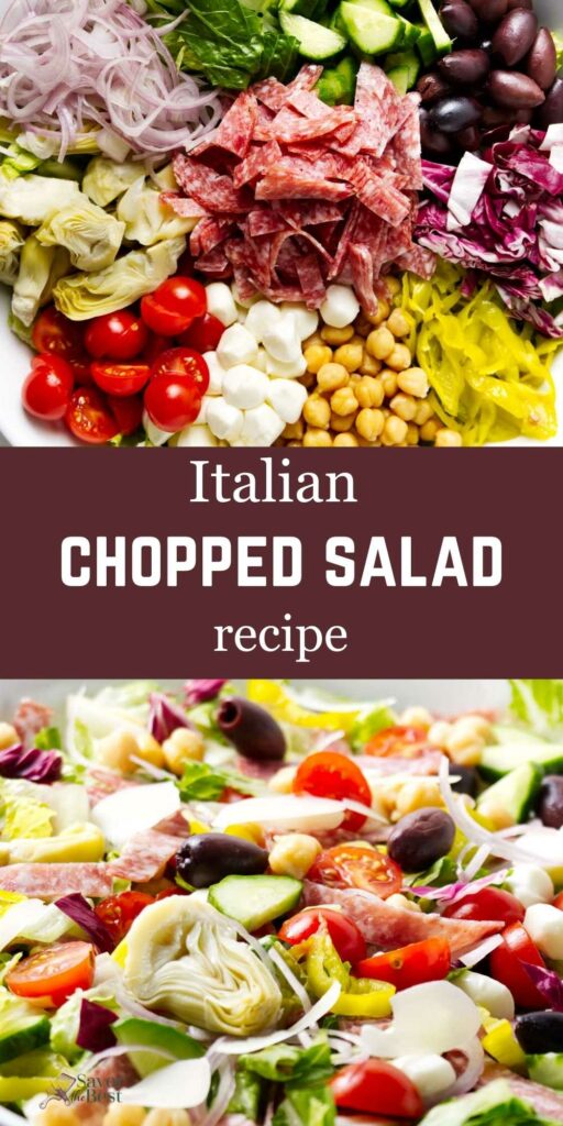 A bowl filled with chopped Italian salad ingredients.