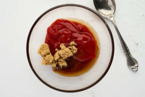 Making the glaze for the top of the mini meatloaves.