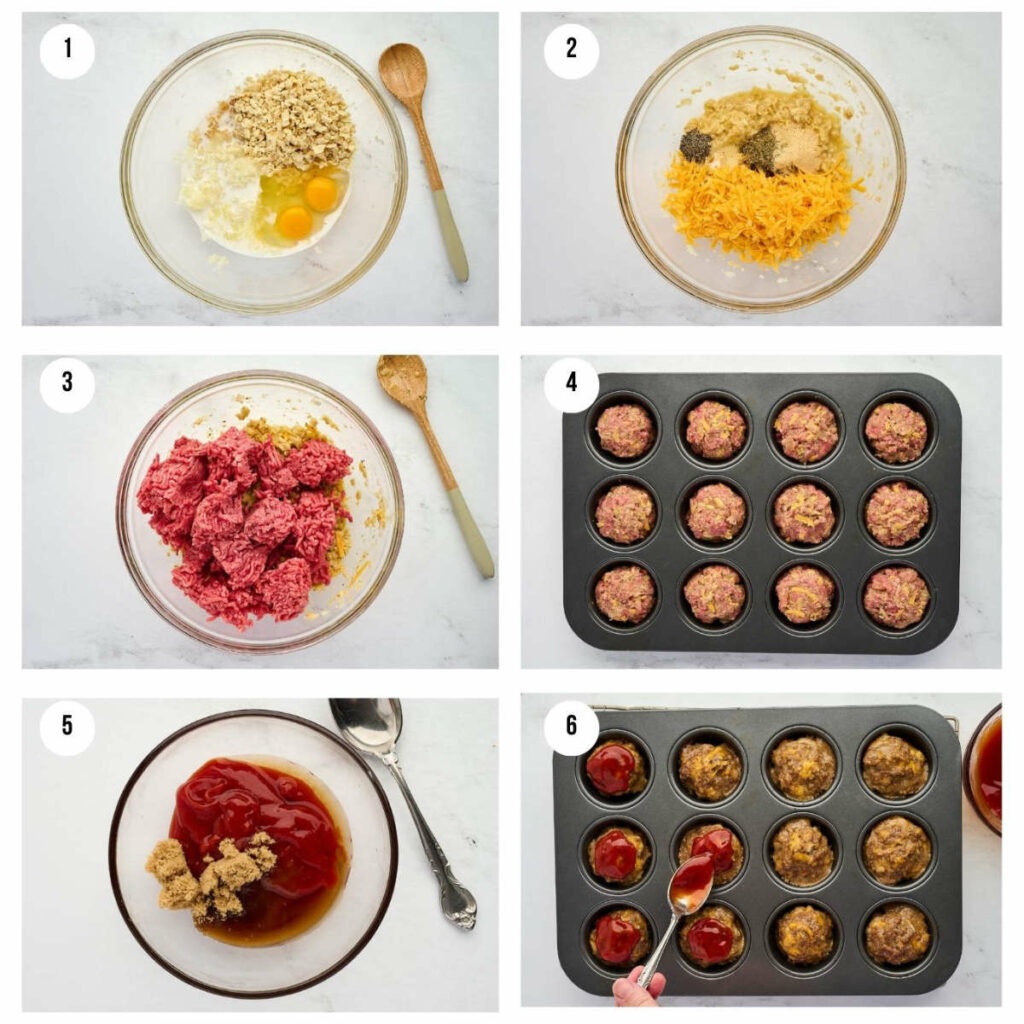 Six photos showing how to make a mini meatloaf recipe in a muffin pan.