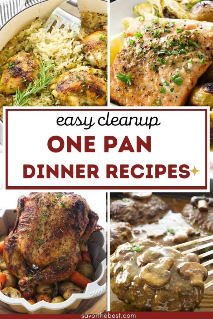 Collage of one-pan meals: chicken, salmon, roast, beef; text: “Easy cleanup dinner recipes.”.