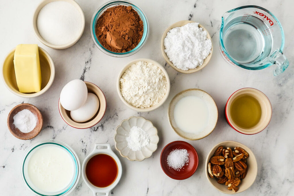 Ingredients used to make a chocolate sheet cake.