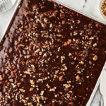 A chocolate sheet cake with fudge icing and chopped pecans on top.