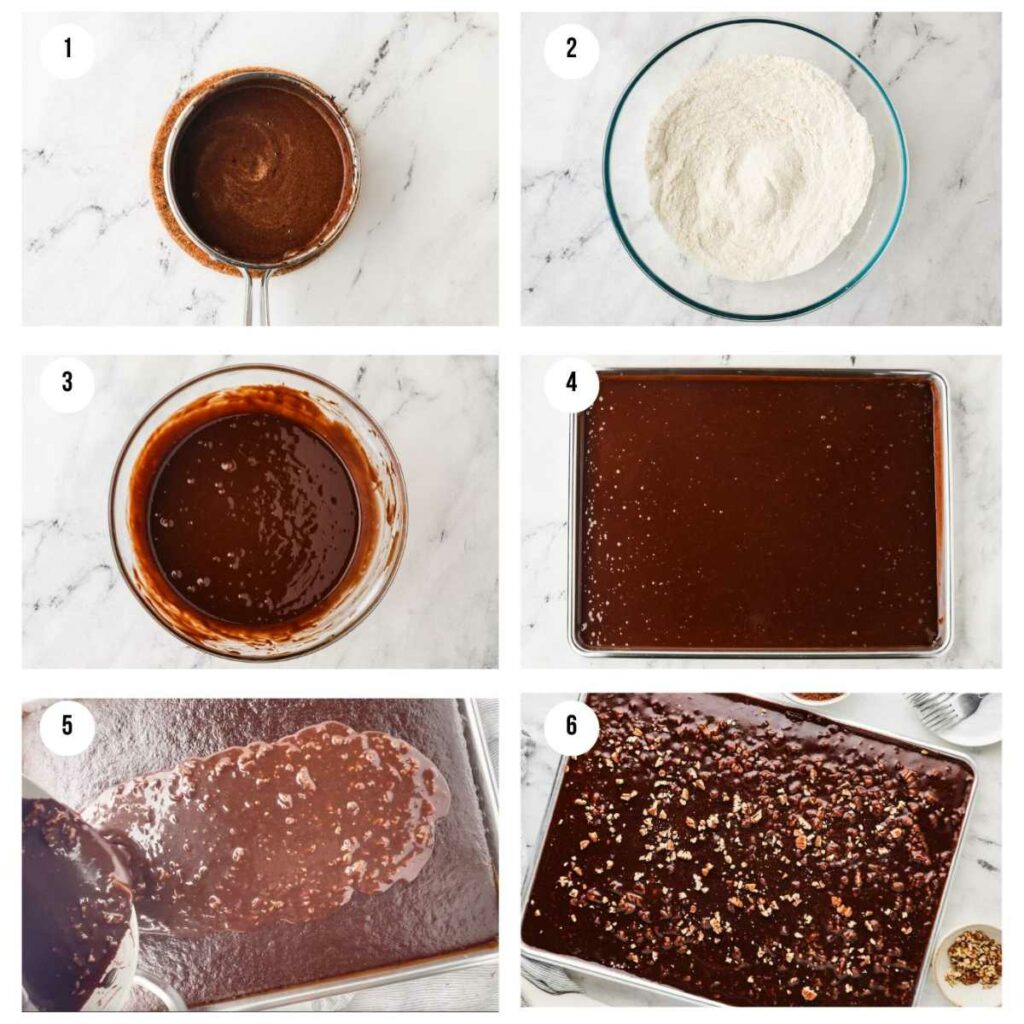 Six photos showing how to make a Texas chocolate sheet cake.