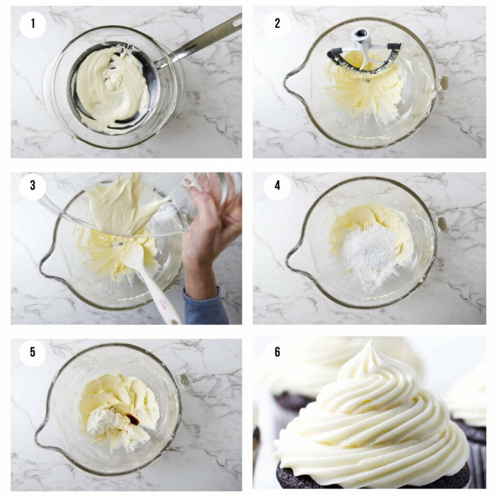 Six photos showing how to make sour cream frosting.