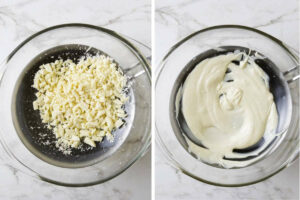 Chopped white chocolate in a double boiler.