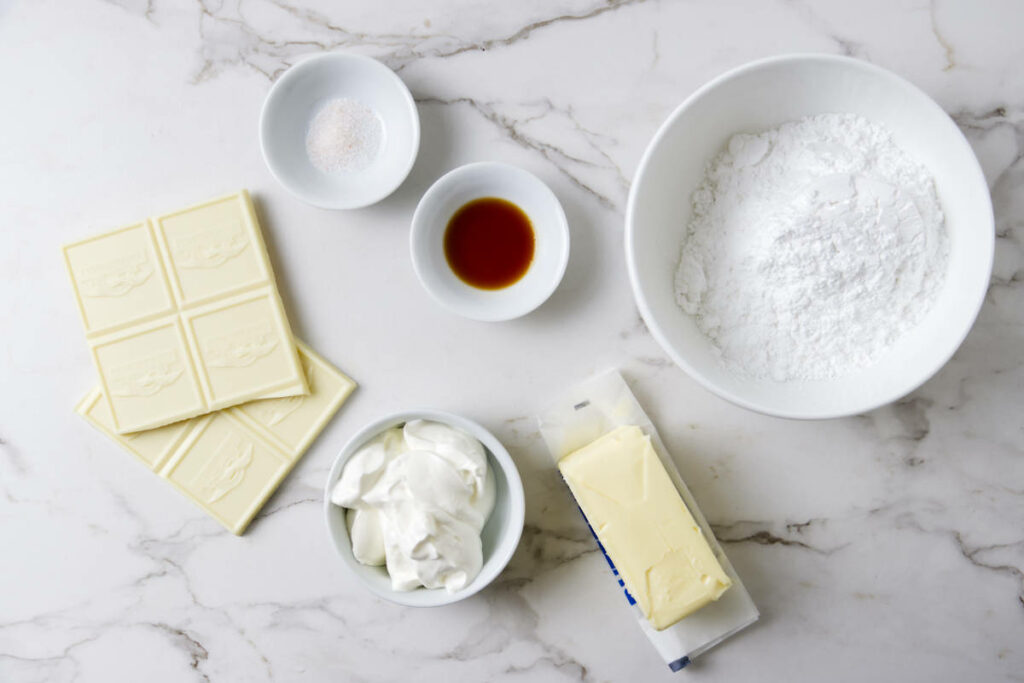 Ingredients used to make sour cream frosting recipe.