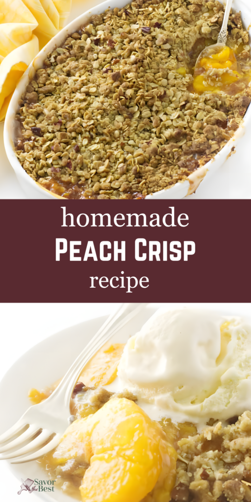 Peach crisp with oat crumble in dish and on plate with ice cream.