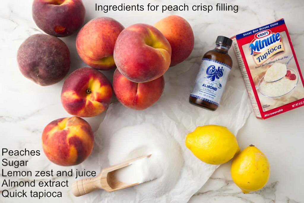 Overhead view of peaches, lemons, almond extract, tapioca, and sugar for peach crisp.