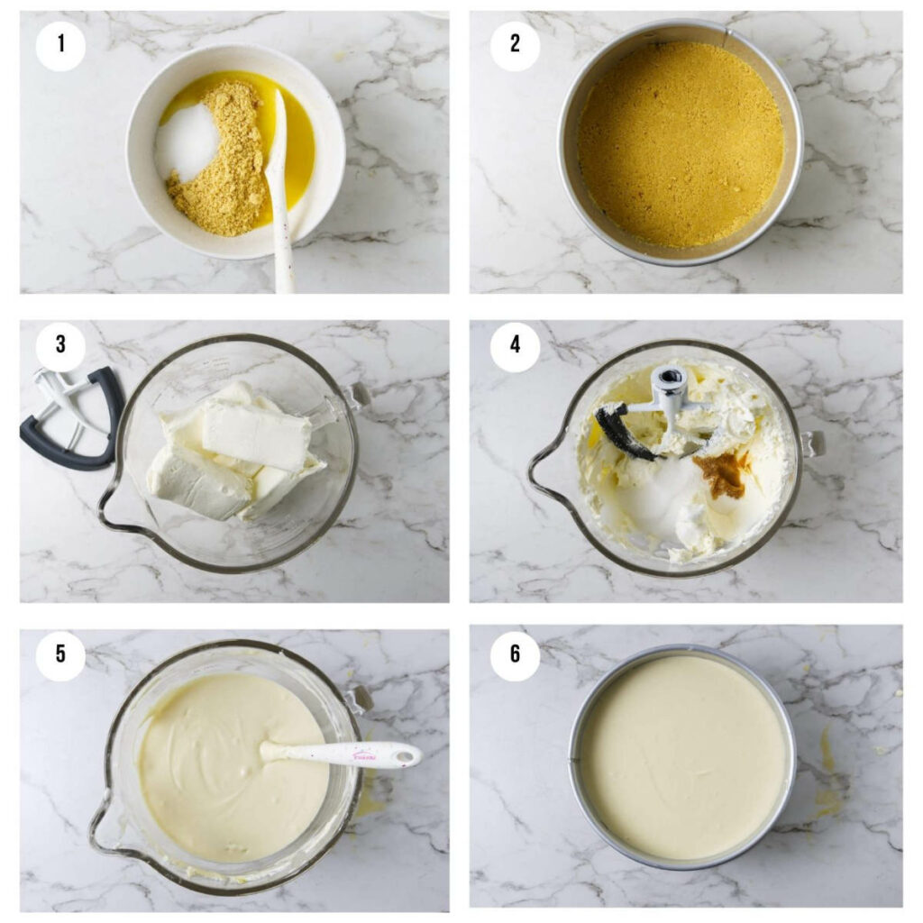 Six photos showing how to make a cheesecake recipe with no water bath.