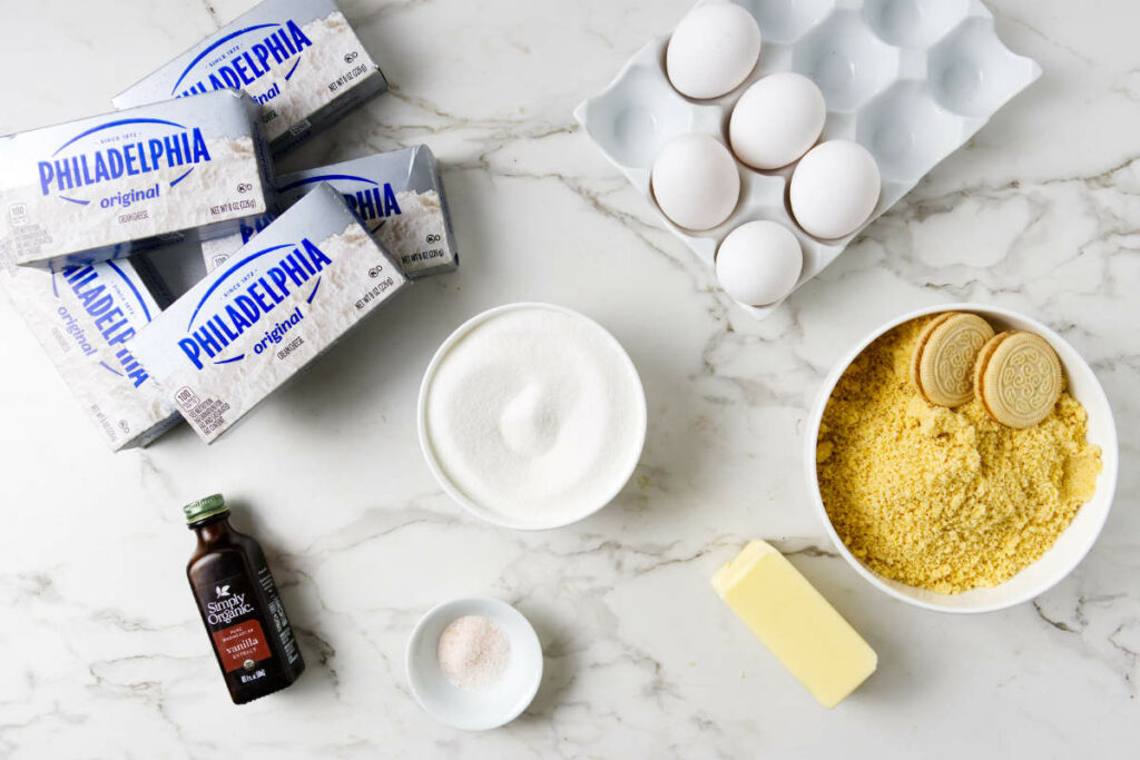 Ingredients used to make a New York style cheesecake with no sour cream.
