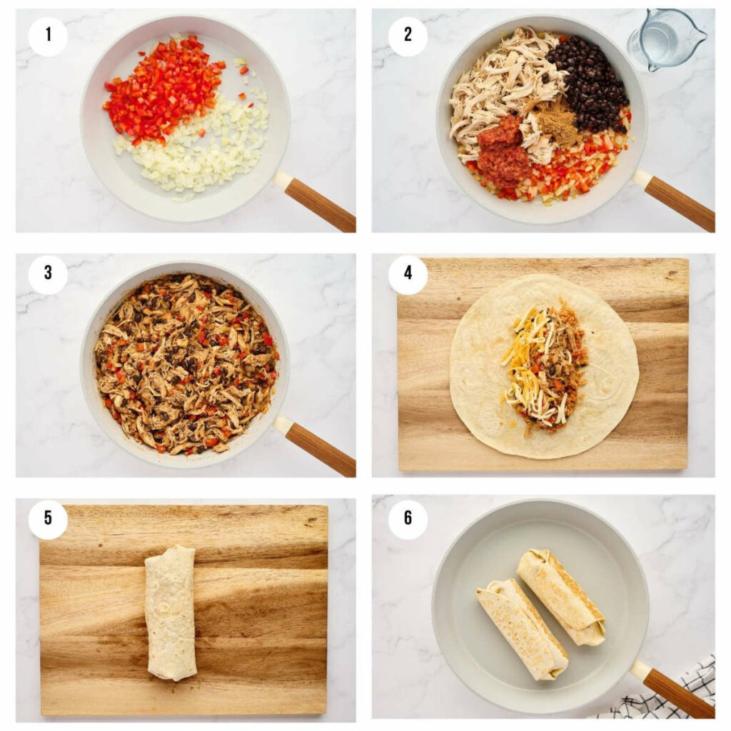 Six-step collage of burrito preparation from cooking filling to finished burritos.