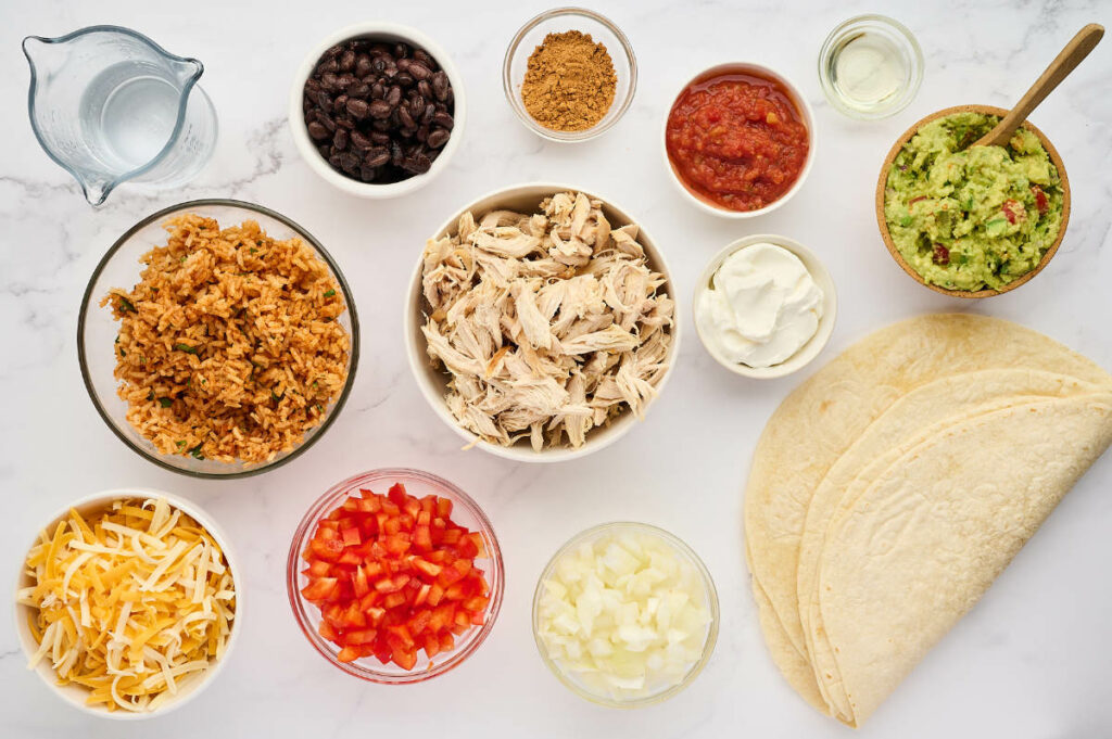 Ingredients used to make chicken burritos.