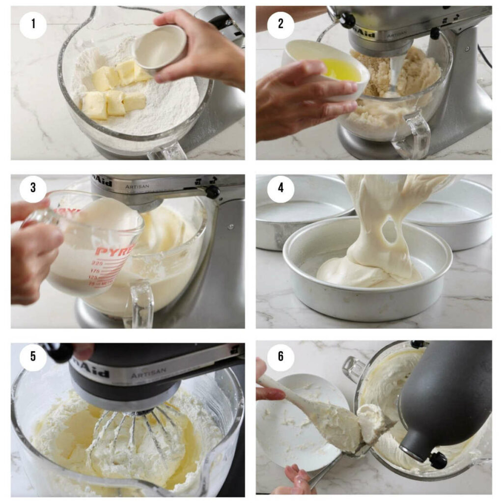 Collage of step-by-step cake batter preparation using a stand mixer.