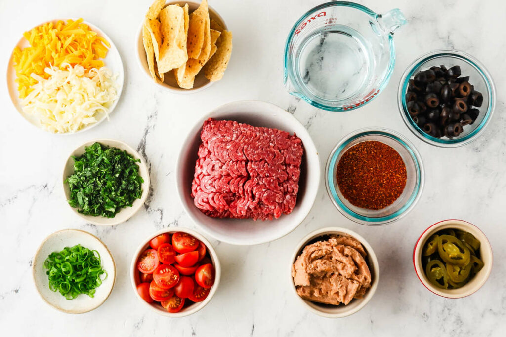 Ingredients used to make nachos in the oven.