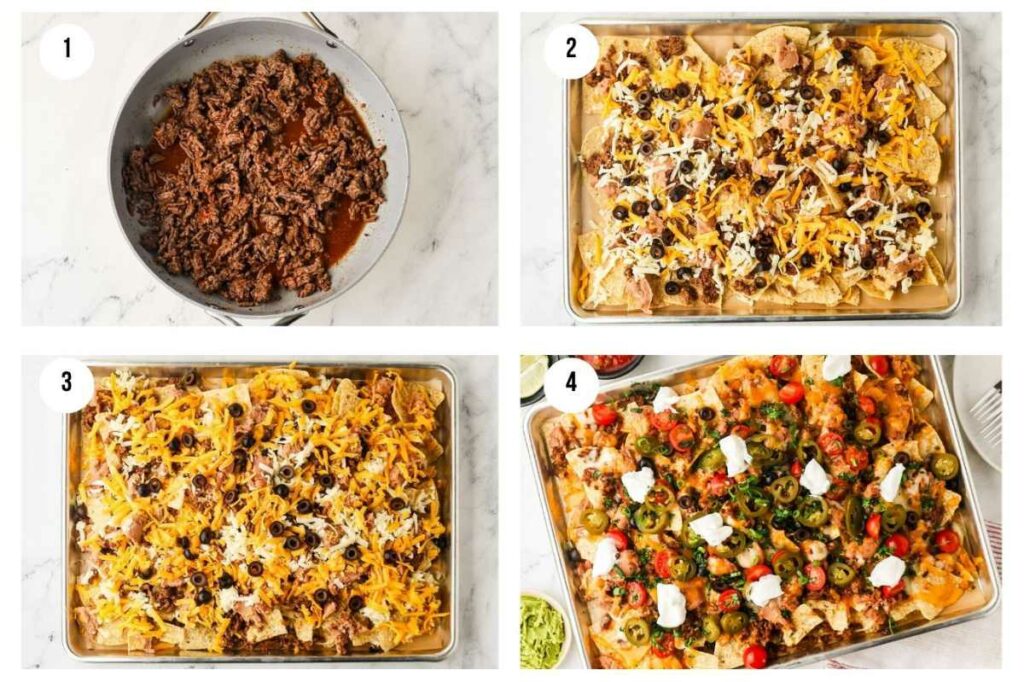 Four photos showing how to make nachos in the oven.