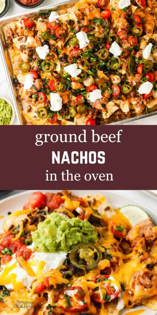 Beef nachos in a baking pan and on a plate topped with guacamole.