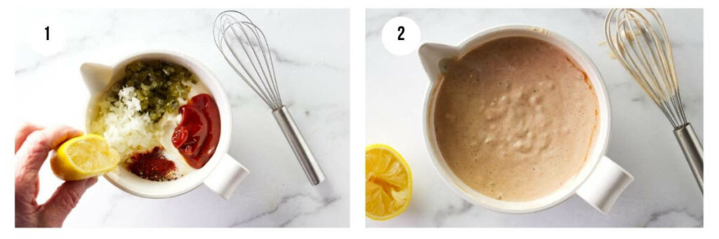 Two photos showing how to make thousand island dressing.