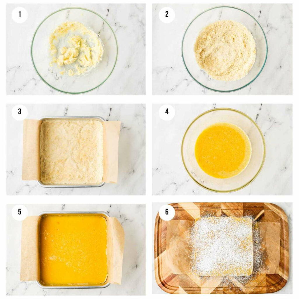 Six photos showing how to make homemade lemon bars.