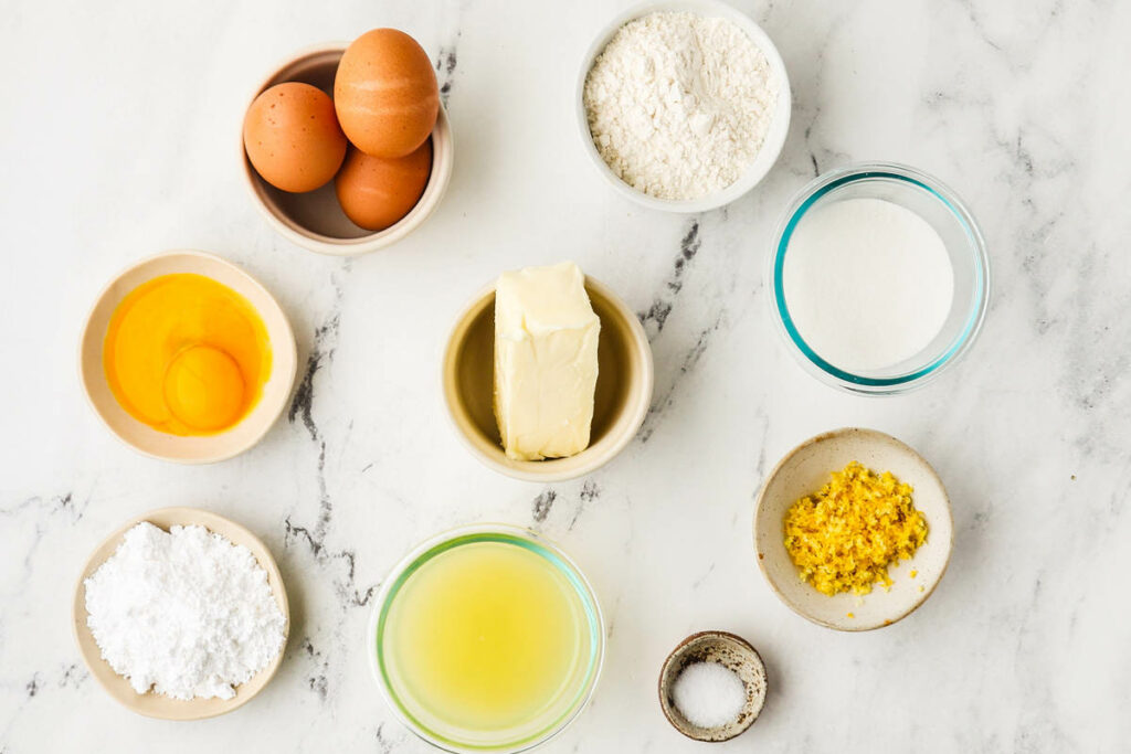 Ingredients used to make a lemon bar recipe.