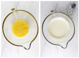 Whipping eggs and sugar to the ribbon stage.