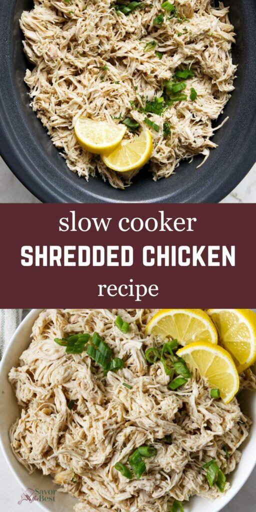 Shredded chicken in slow cooker with lemon, green onions, and recipe text overlay.