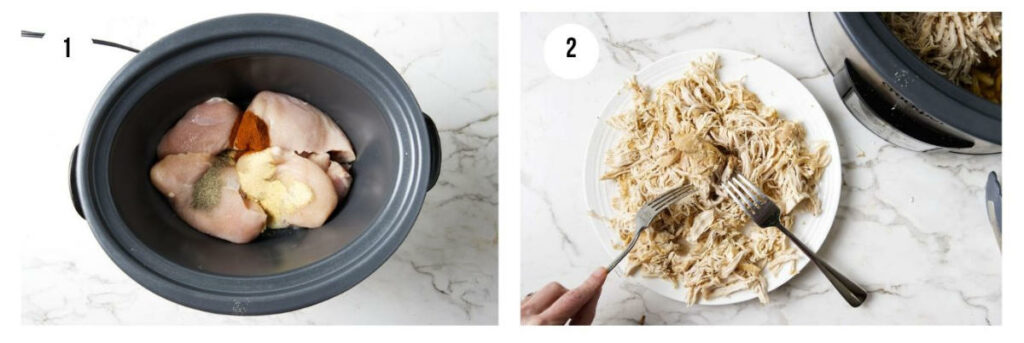 Two photos showing how to make shredded chicken in a slow cooker.