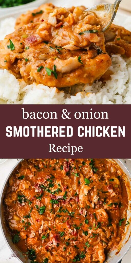 Spoon serves creamy bacon onion chicken over rice; skillet of chicken with herbs. Recipe text shown.
