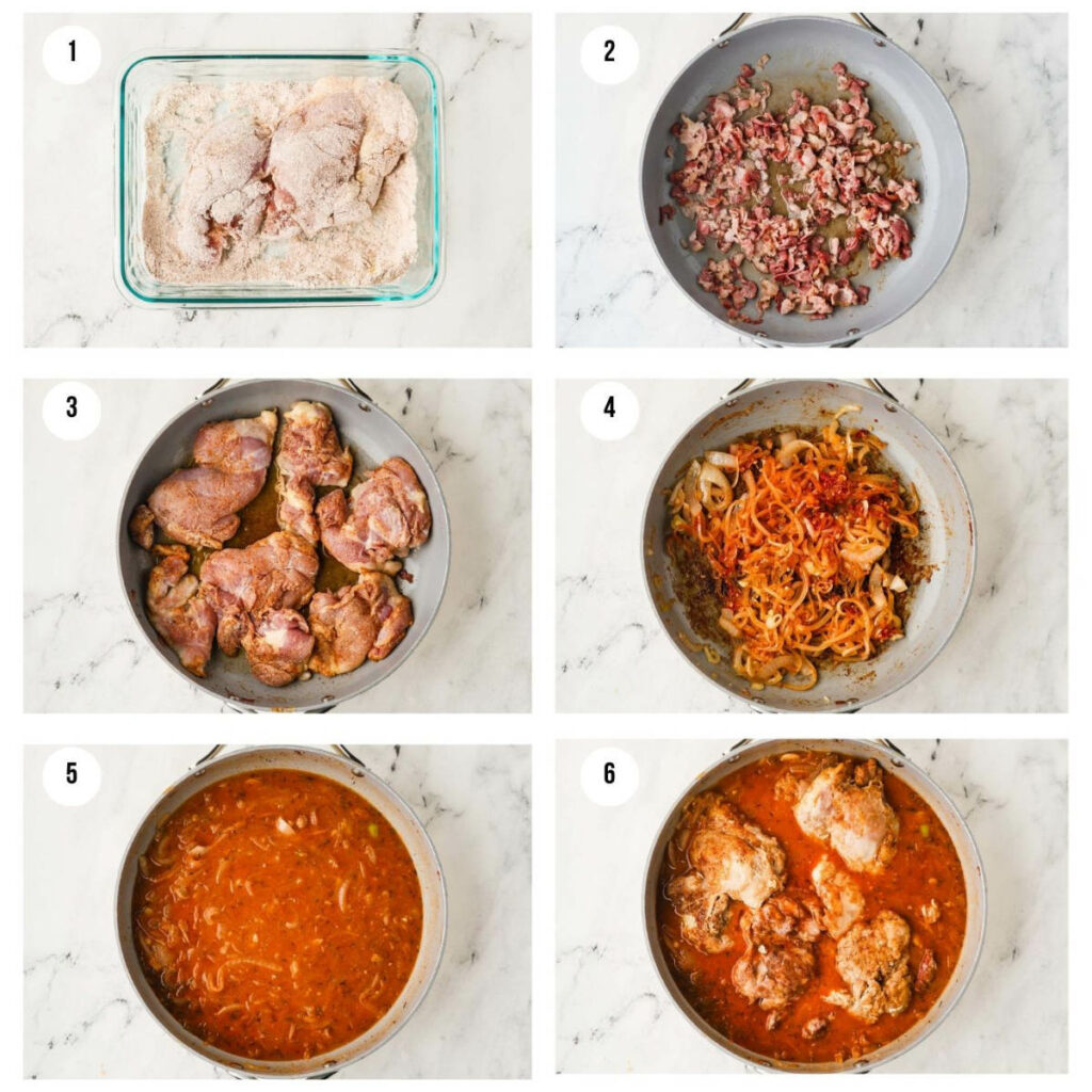 Six photos showing how to make smothered chicken in bacon onion gravy.