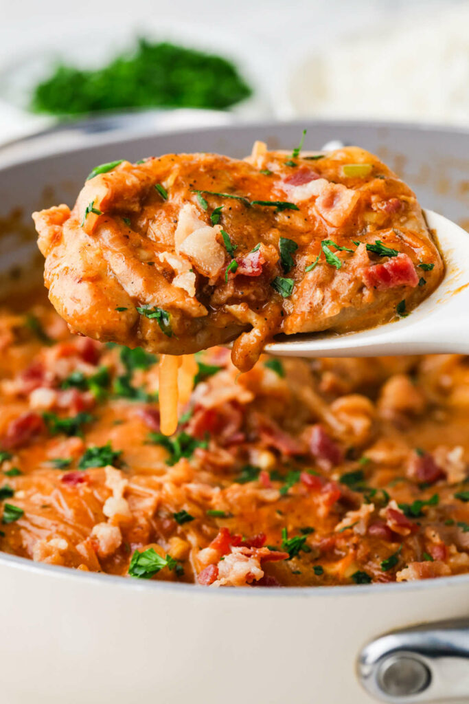 A spoon lifting a serving of chicken smothered in gravy.