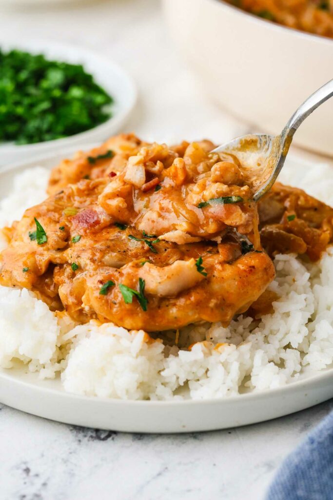 Spooning gravy over a serving of chicken on a bed of rice.