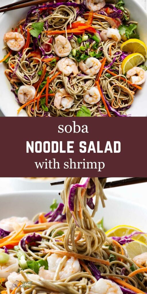 Soba noodle salad with shrimp, vegetables, lemon slices; chopsticks lifting noodles.