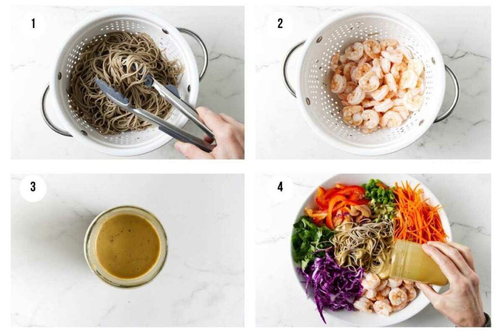 Four photos showing how to make a cold soba noodle salad.