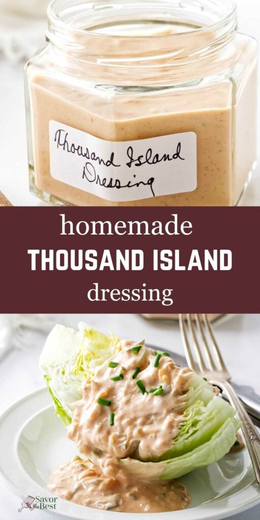 Jar of Thousand Island Dressing above lettuce wedge with dressing, chives, and bold text.