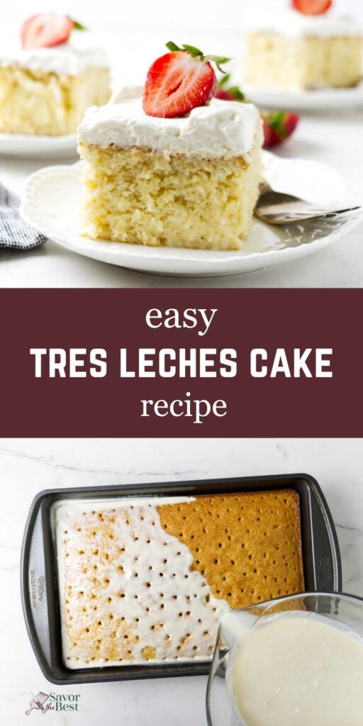 Pouring a milk mixture over a warm sponge cake and a slice of a three milk cake.