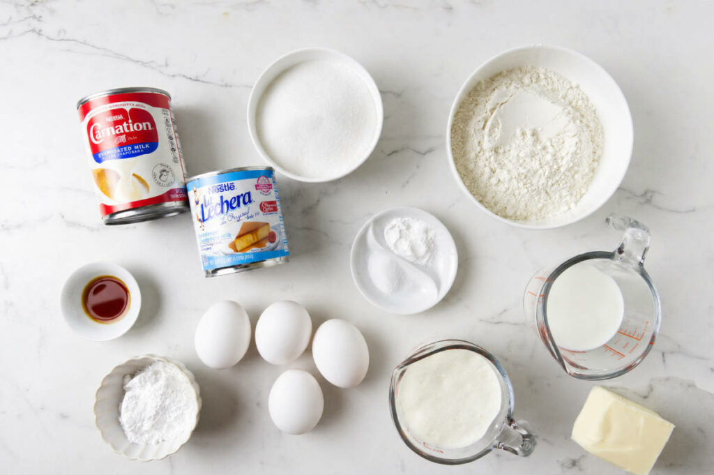 Ingredients used to make a Mexican three milk cake.