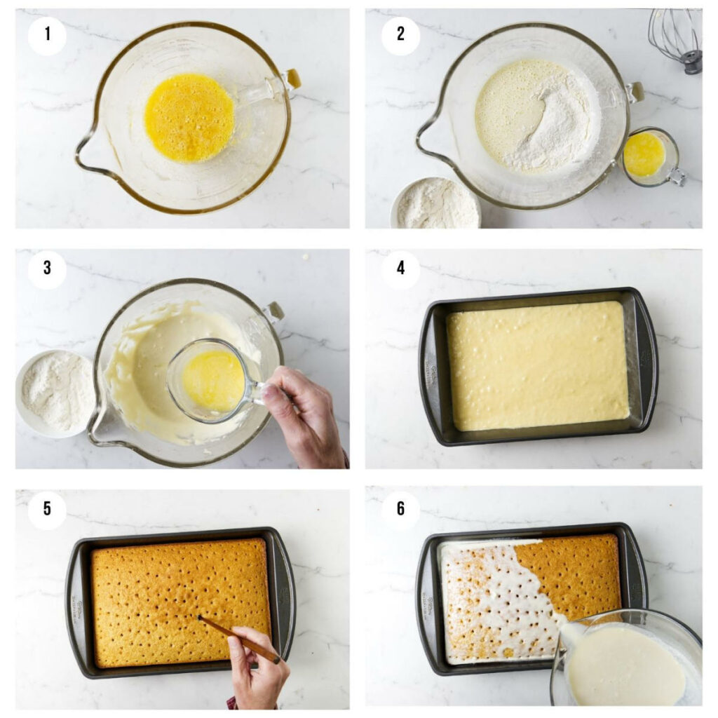 Six photos showing how to make a Mexican tres leches cake.