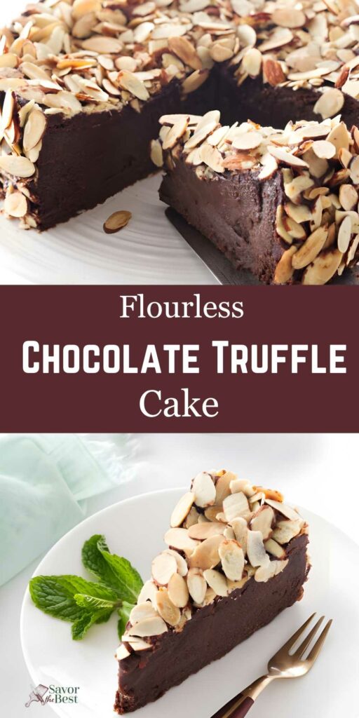 Flourless chocolate truffle cake with almonds, served with mint and gold fork.
