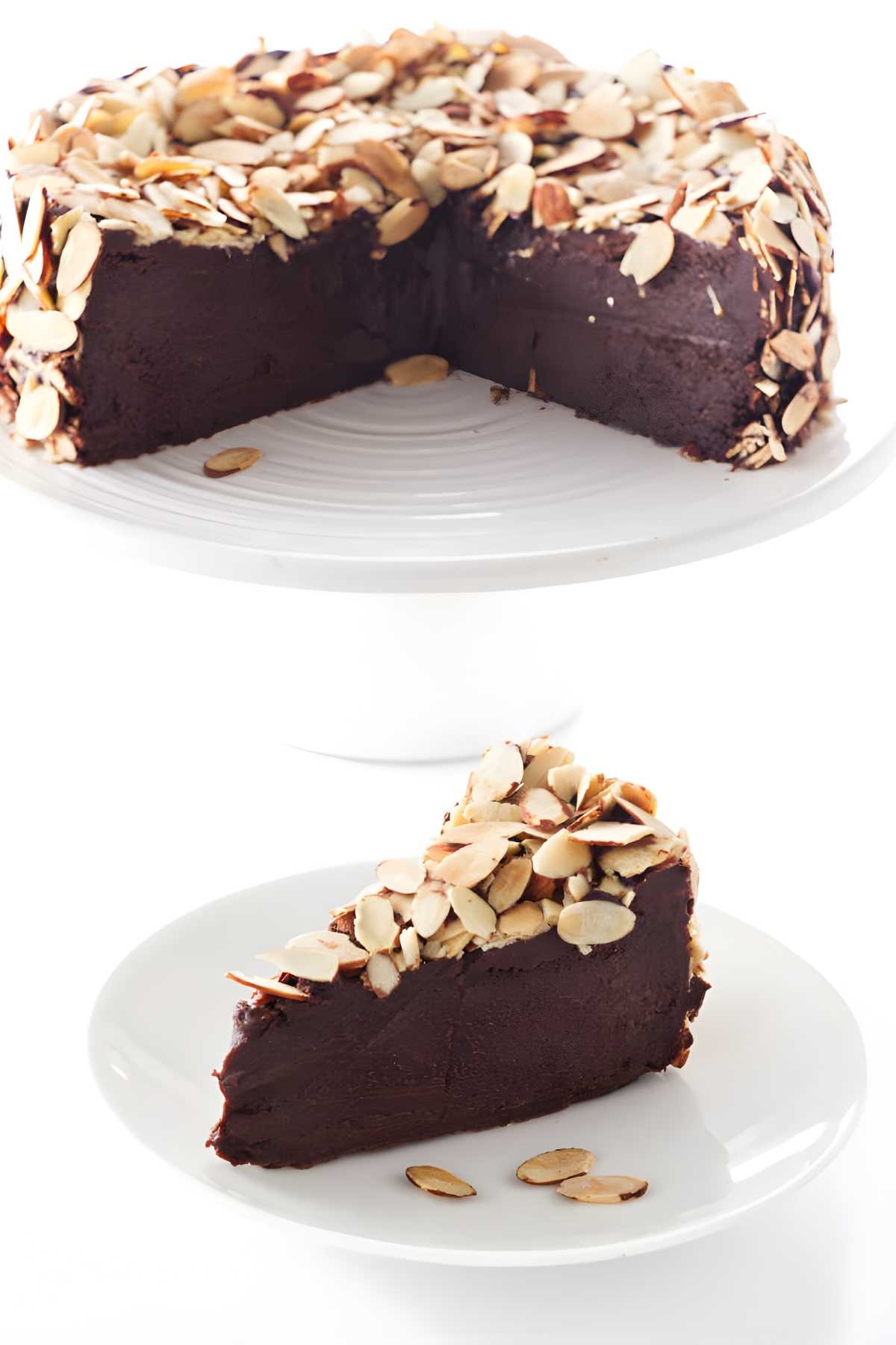 Flourless chocolate cake with sliced almonds on stand, one slice on a plate.
