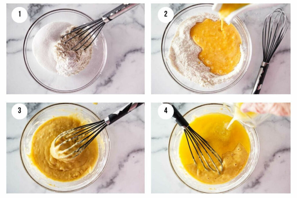 Four photos showing how to make almond madeleines with AP flour and almond extract.