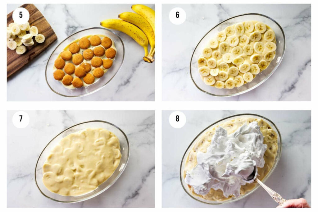 Four steps making banana pudding: layering wafers, bananas, pudding, and whipped topping.